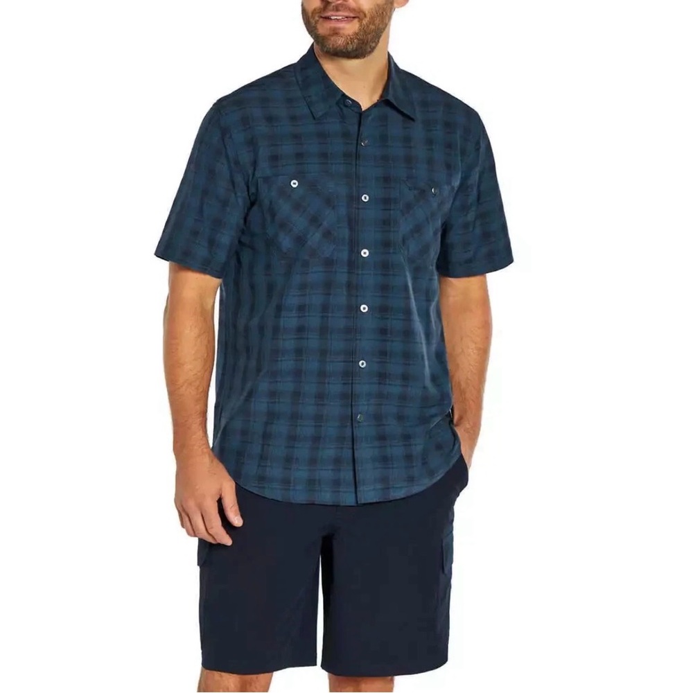 Orvis Mens Short Sleeve Woven Tech Shirt Blue Black XL Lightweight Vented